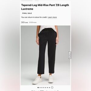 Lululemon Tapered-Leg Mid-Rise Pant 7/8 Length - WORN ONCE